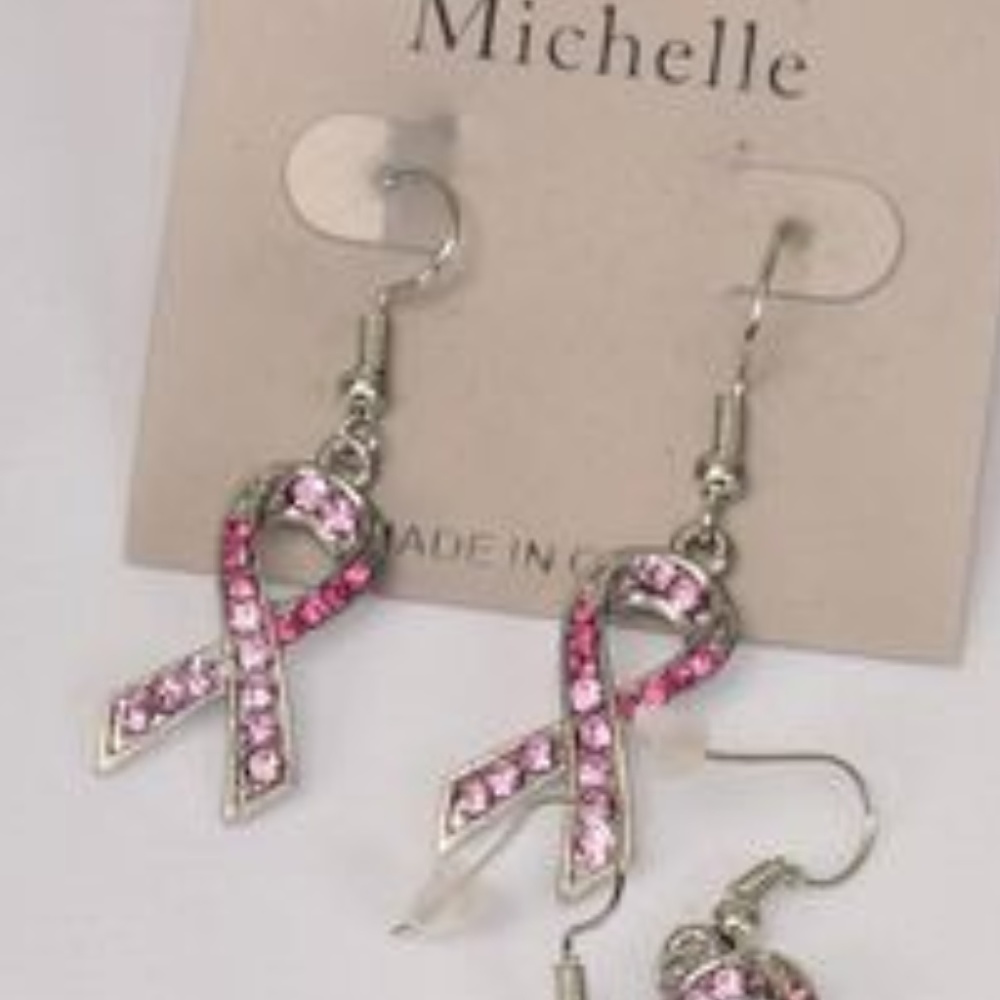 2 Pairs of Pink Ribbon Rhinestones Earring